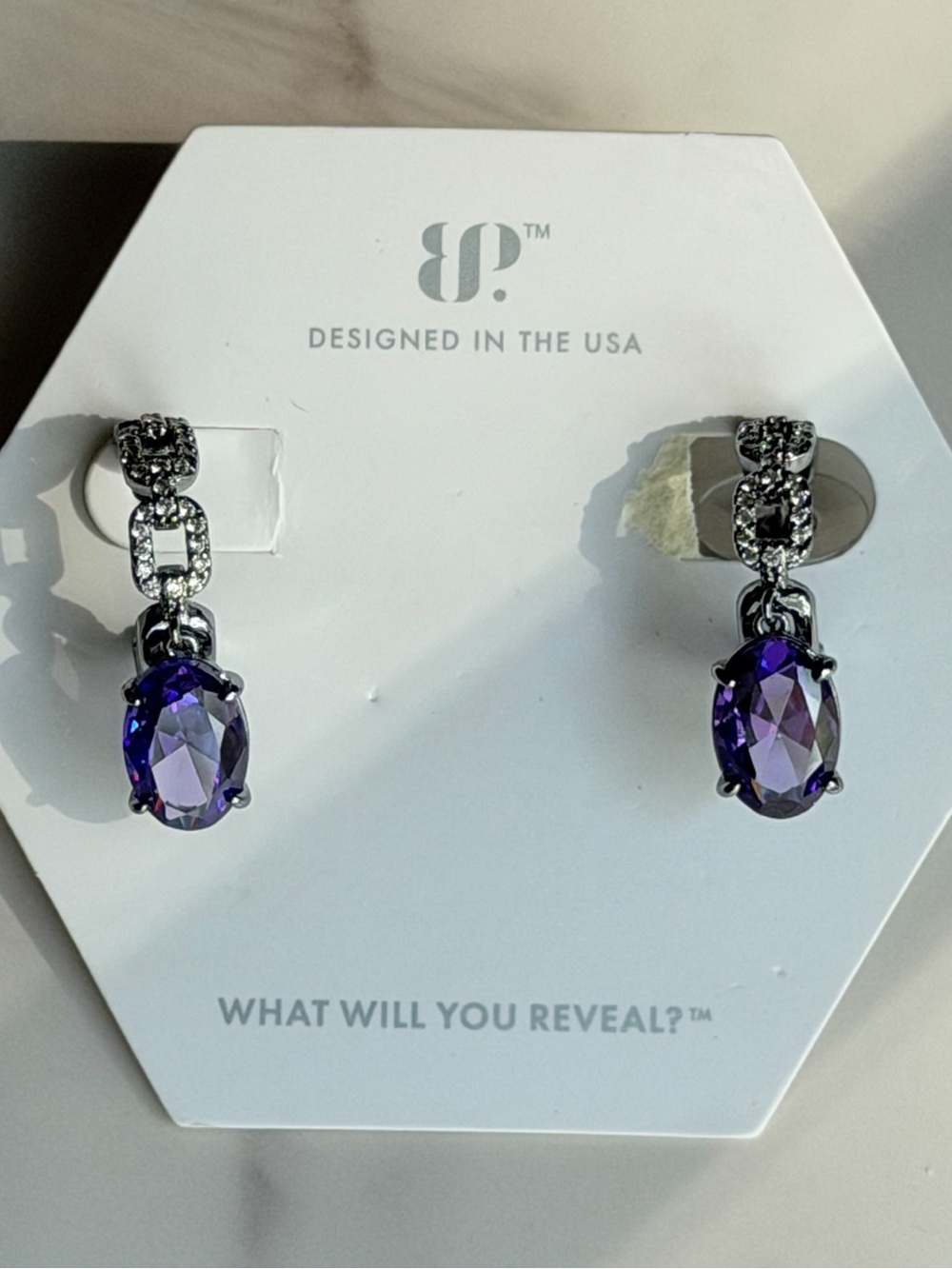Bomb Party Purple Topaz CZ Dangle Earrings “Waiting On A Sign” Hematite Plated